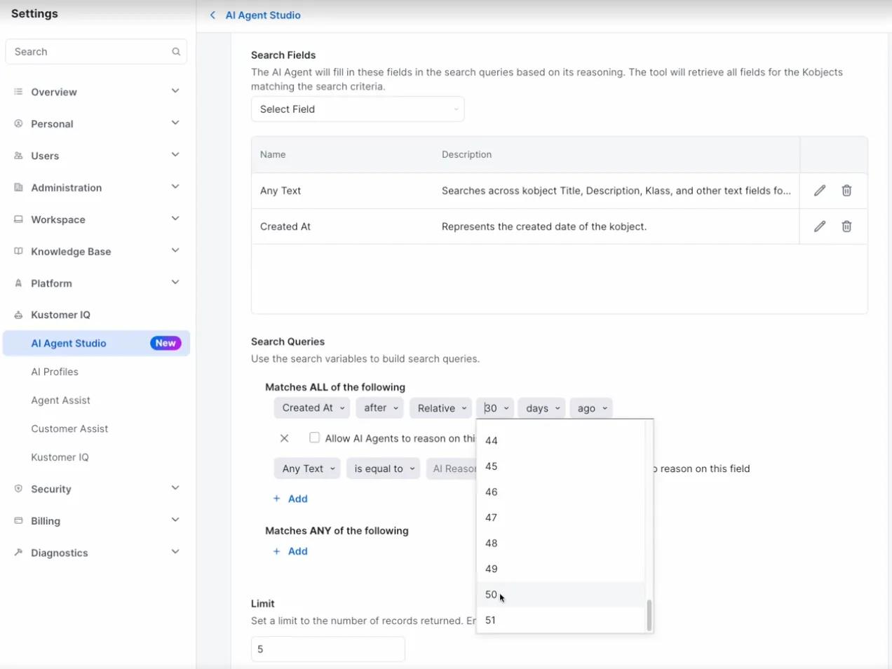 Screenshot of the AI Agent Studio within the Kustomer platform