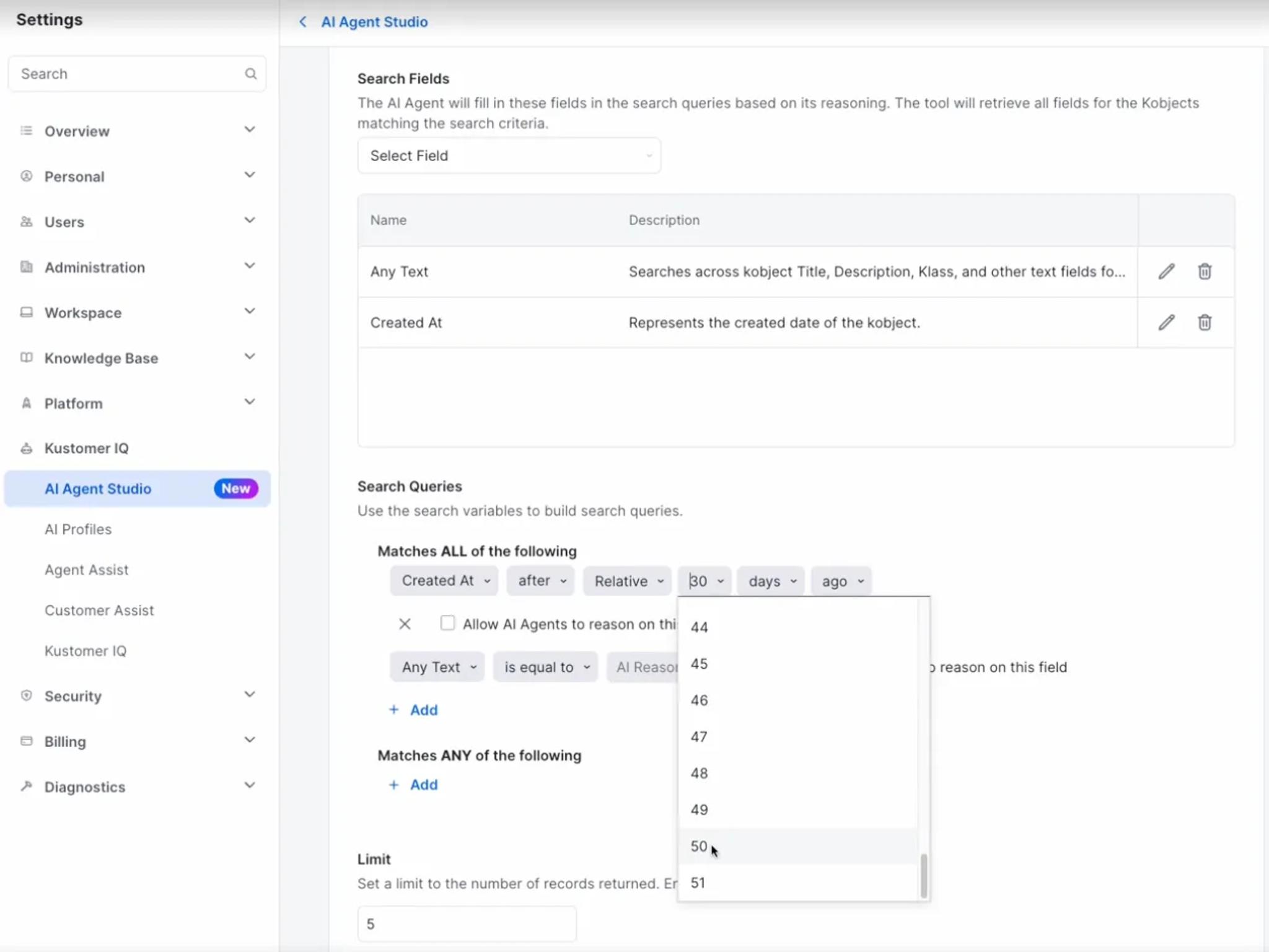 Screenshot of the AI Agent Studio within the Kustomer platform