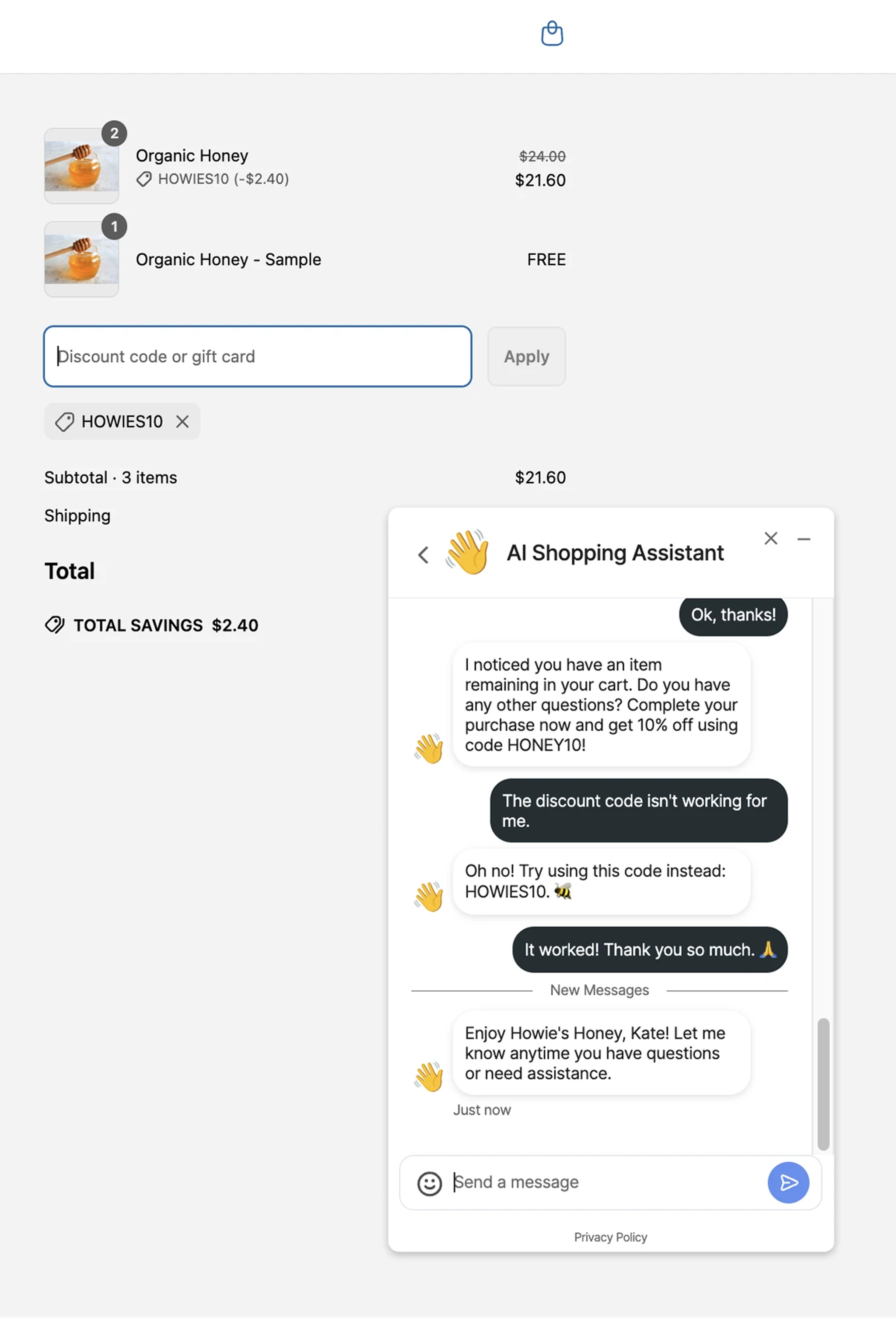 Screenshot of a Shopify checkout order with an AI shopping assistant live chat overlay
