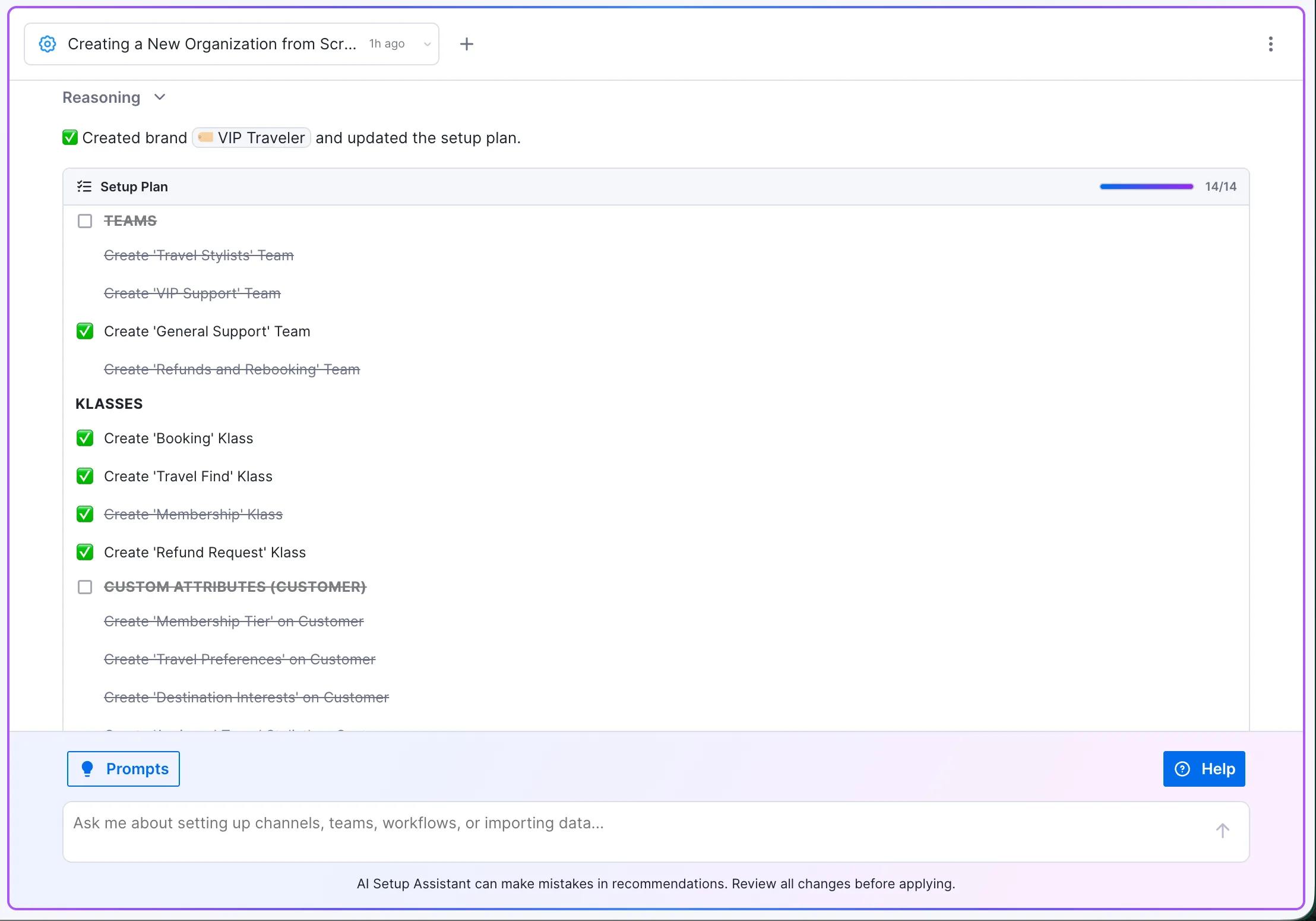 A software setup screen for an AI-Native Customer Experience Platform displays a checklist for creating a new organization. Most steps, like the “VIP Traveler” brand, teams, and classes, are checked off, with the progress bar nearing completion.