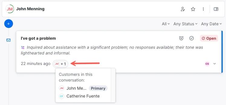 sample customer service conversation in Kustomer with two customers