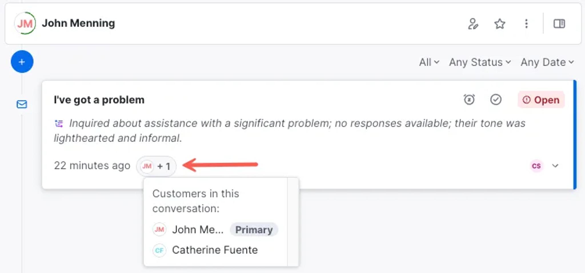sample customer service conversation in Kustomer with two customers