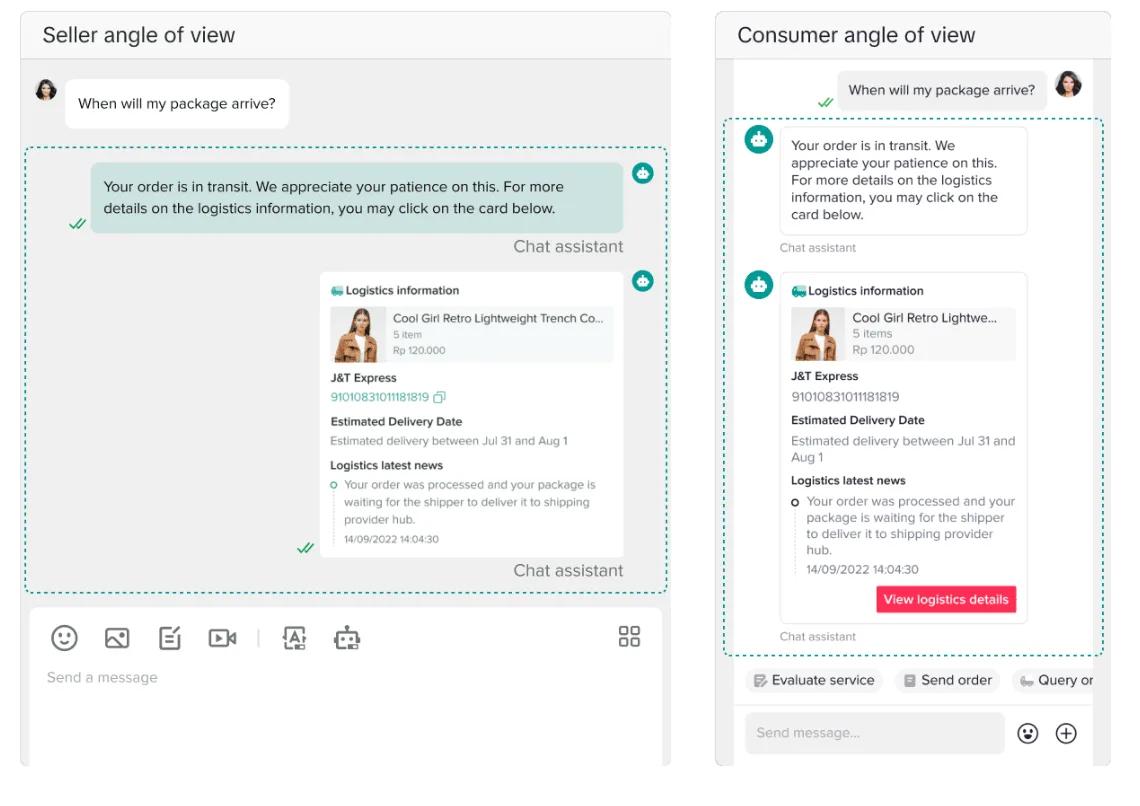 Two screenshots compare service interactions from a seller’s and a consumer’s view of a chat about package delivery. The seller sees a summary message, while the consumer sees detailed order and tracking information in the chat interface.