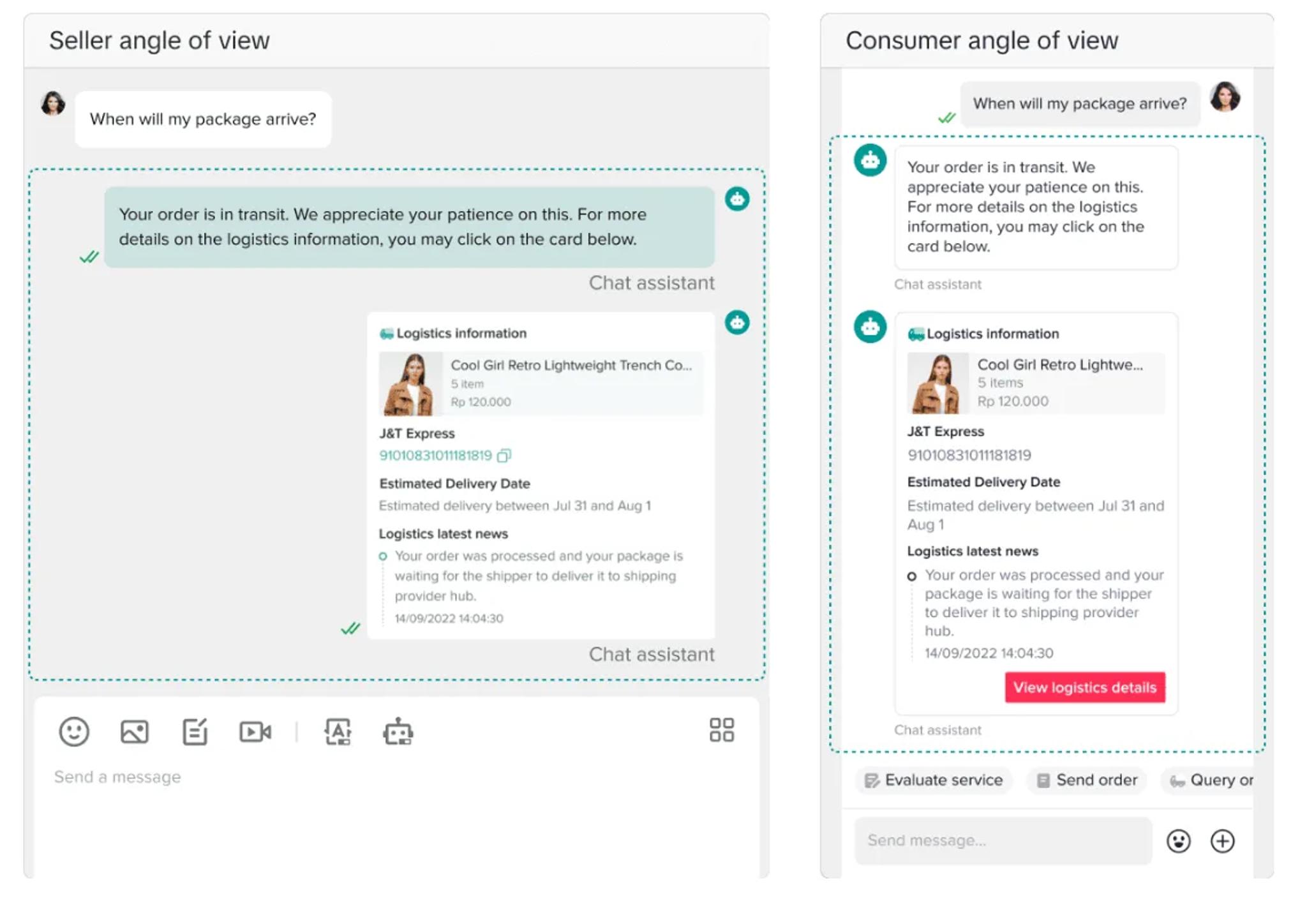 Two screenshots compare service interactions from a seller’s and a consumer’s view of a chat about package delivery. The seller sees a summary message, while the consumer sees detailed order and tracking information in the chat interface.