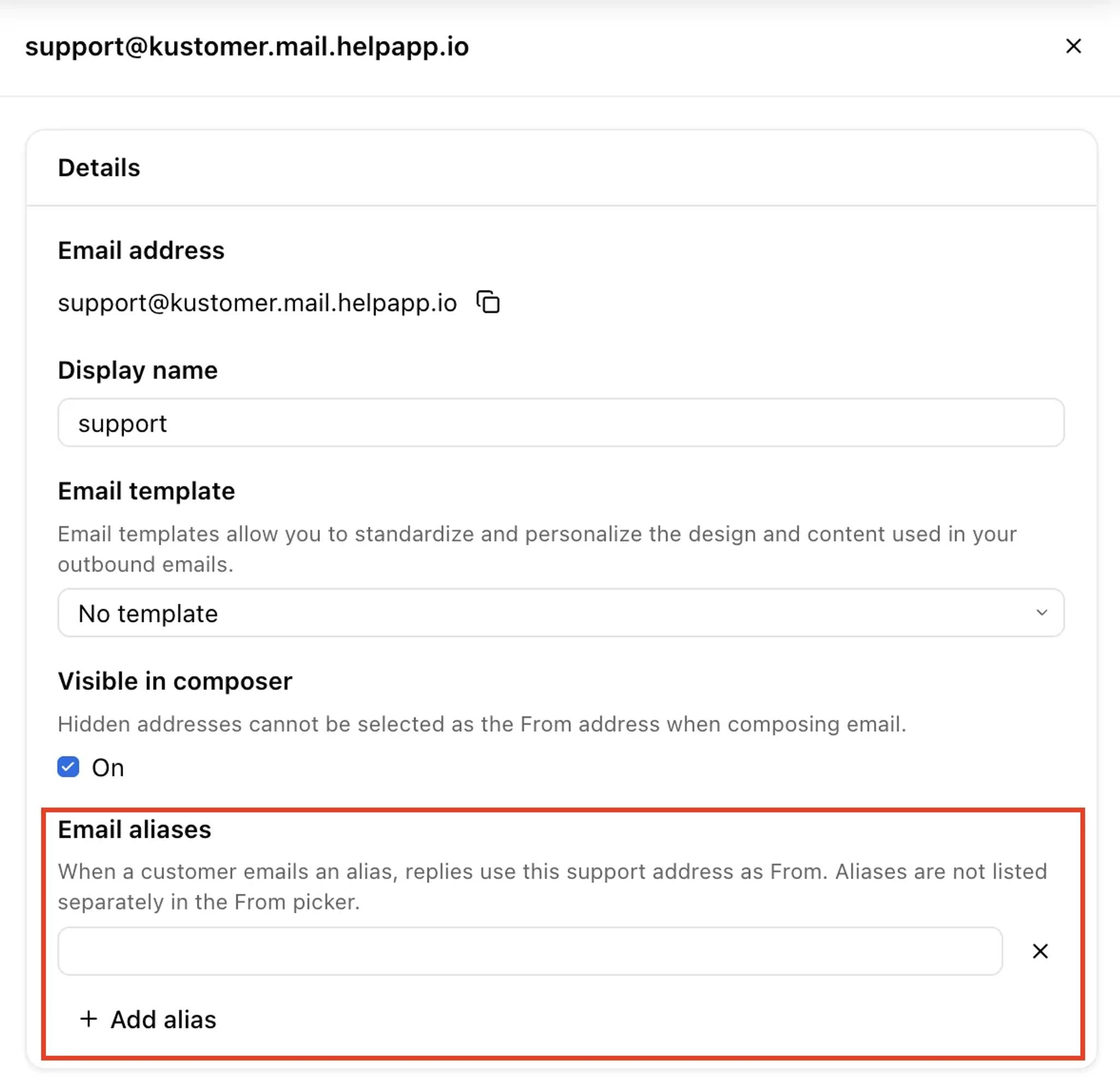 The support address settings panel with the Email aliases field highlighted