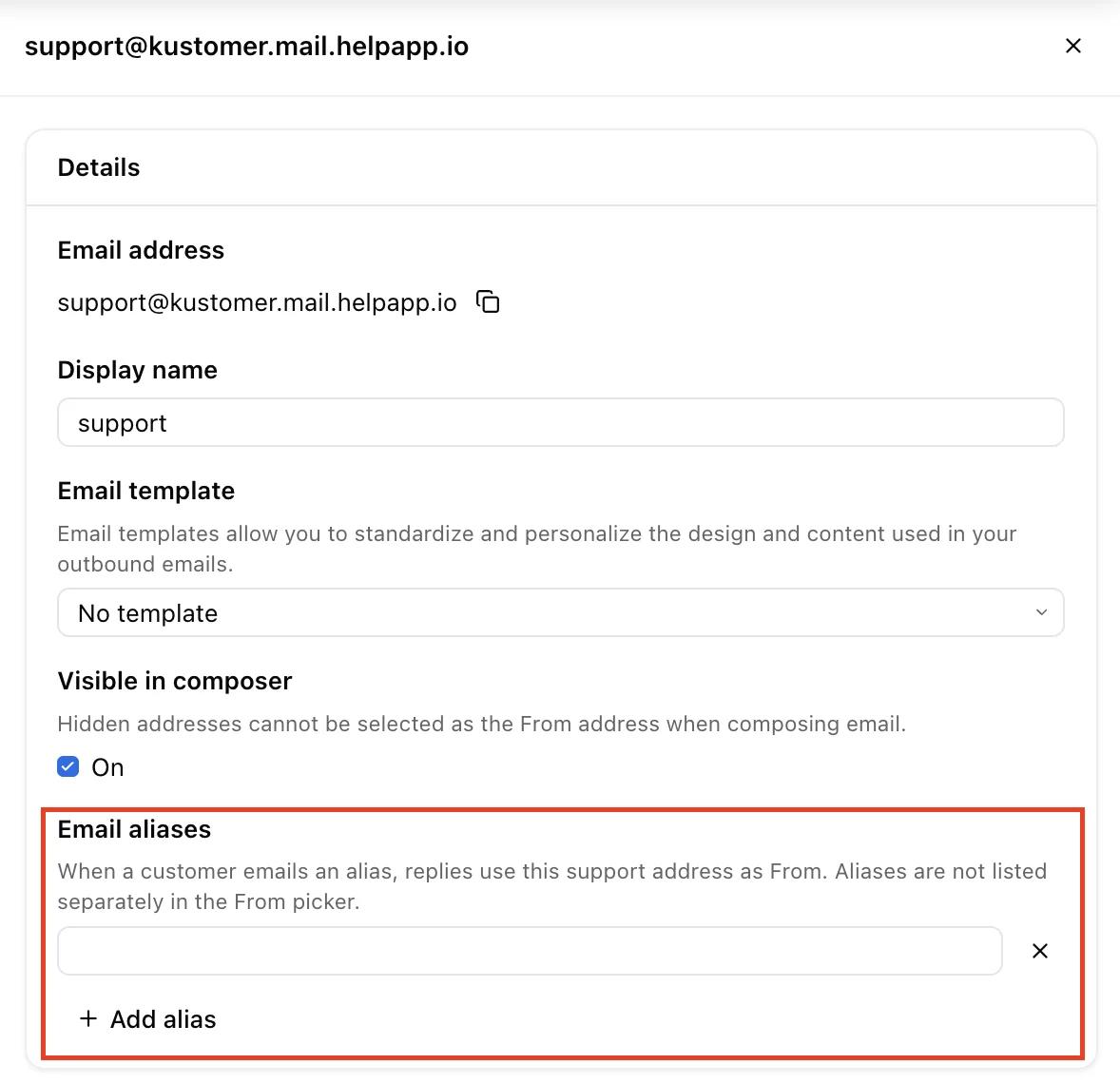 The support address settings panel with the Email aliases field highlighted