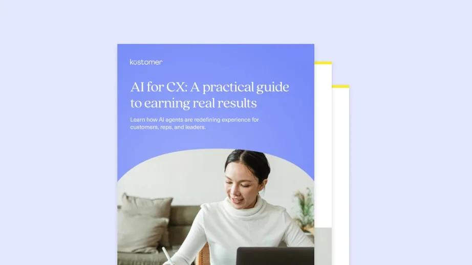 A woman sits at a desk using a laptop, smiling, on the cover of a guide titled AI for CX: A practical guide to earning real results by Kustomer, featuring insights on GenAI, AI agents, and evolving consumer preferences in customer experience.