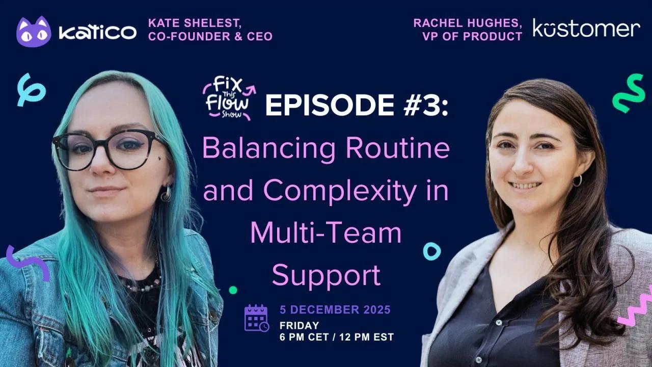 Image says Katico Kate Shelest, Co-founder and CEO. Rachel Hughes, VP of Product, Kustomer. Fix This Flow Episode 3: Balancing Routine and Complexity in Multi-Team Support. 5 December 2025, Friday 6 PM CET / 12 PM EST. Background is purple with pink and white text.