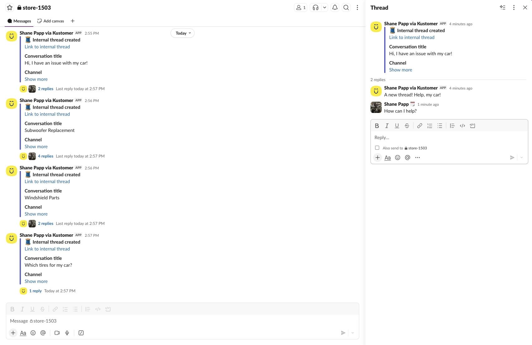 Slack in Kustomer timeline and conversation