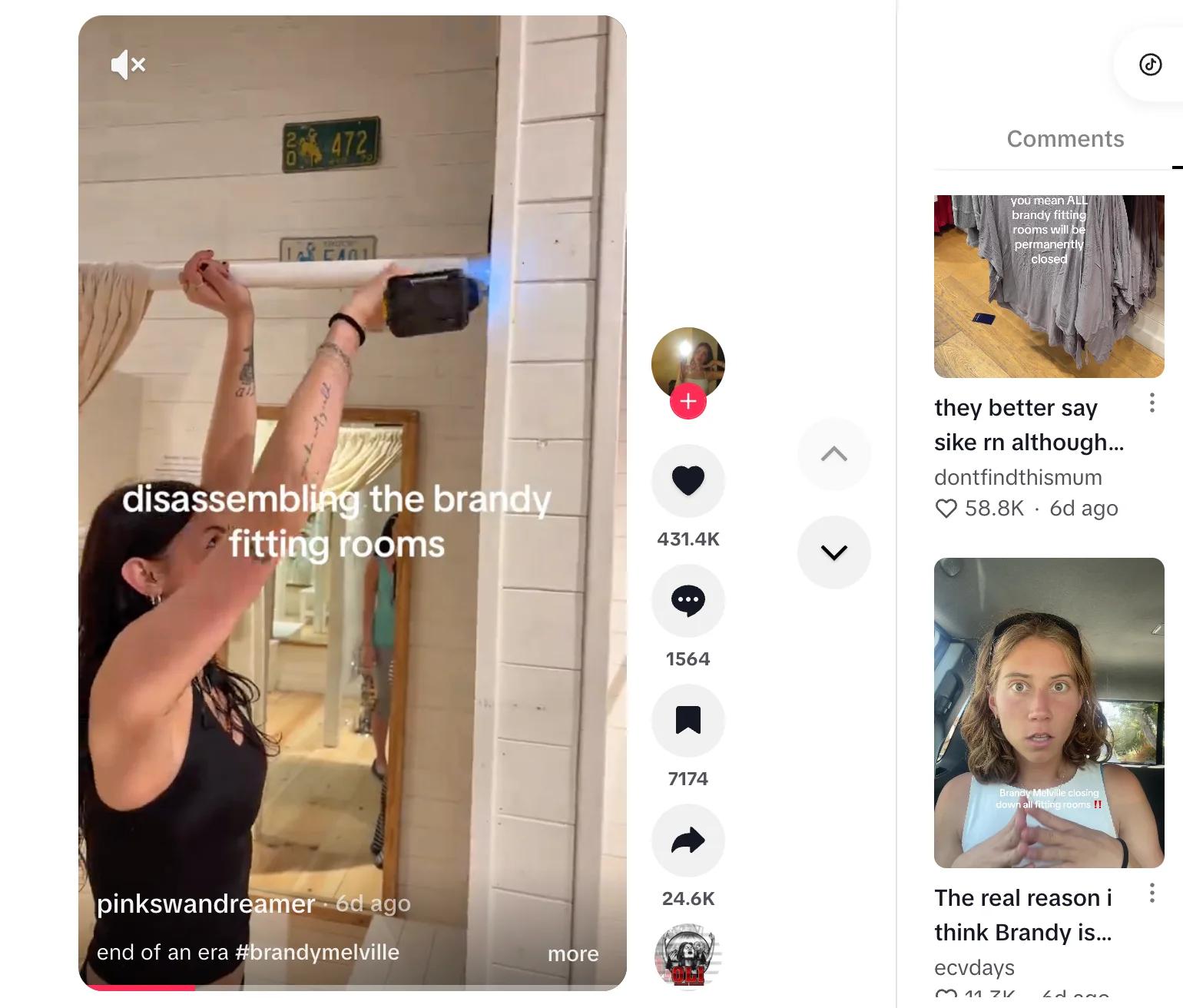 Screenshot of a TikTok video on desktop from username pinkswandreamer showing a young woman disassembling a fitting room. The copy says "disassembling the brandy fitting rooms. end of an era #brandymelville." The video was posted 6 days prior. The video had 431,400 likes, 1564 comments, 7134 saves, and 24,600 shares.