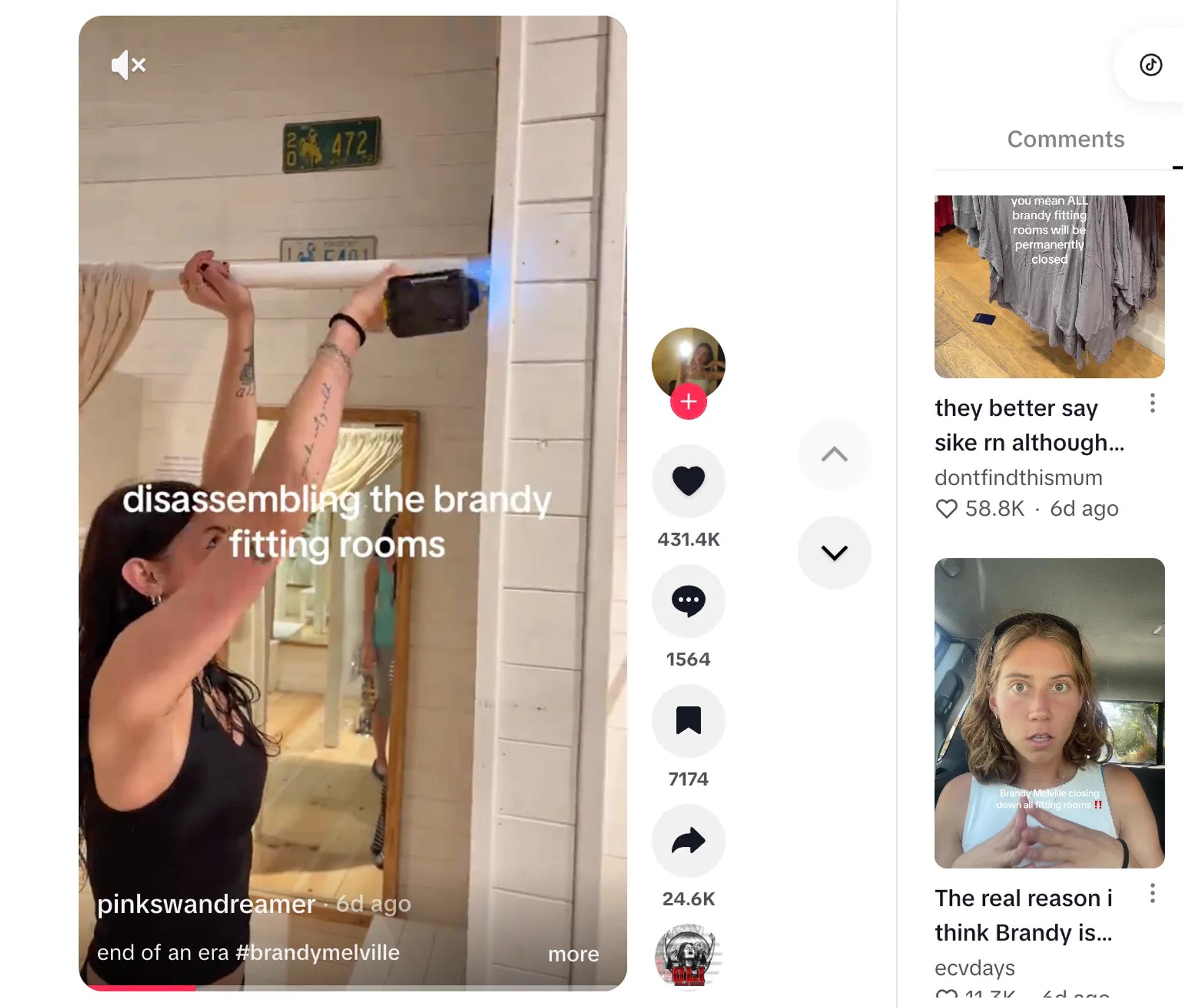Screenshot of a TikTok video on desktop from username pinkswandreamer showing a young woman disassembling a fitting room. The copy says "disassembling the brandy fitting rooms. end of an era #brandymelville." The video was posted 6 days prior. The video had 431,400 likes, 1564 comments, 7134 saves, and 24,600 shares.