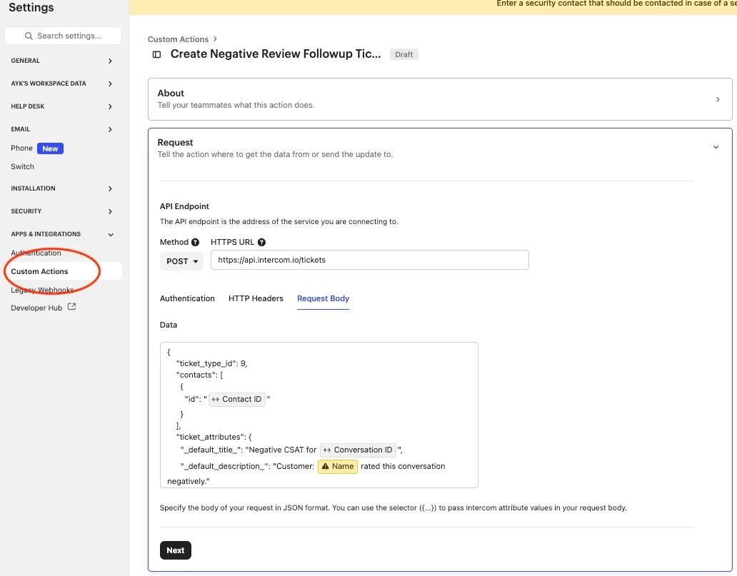 Screenshot of a settings page showing a form for creating a negative review follow-up ticket in the Blog. The Custom Actions menu item is circled, with fields for API endpoint, method, authentication, and JSON request body.