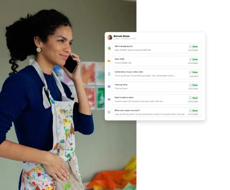 Image of a Black woman calling on a cell phone with a UI display of the Kustomer timeline with orders and shipping activity