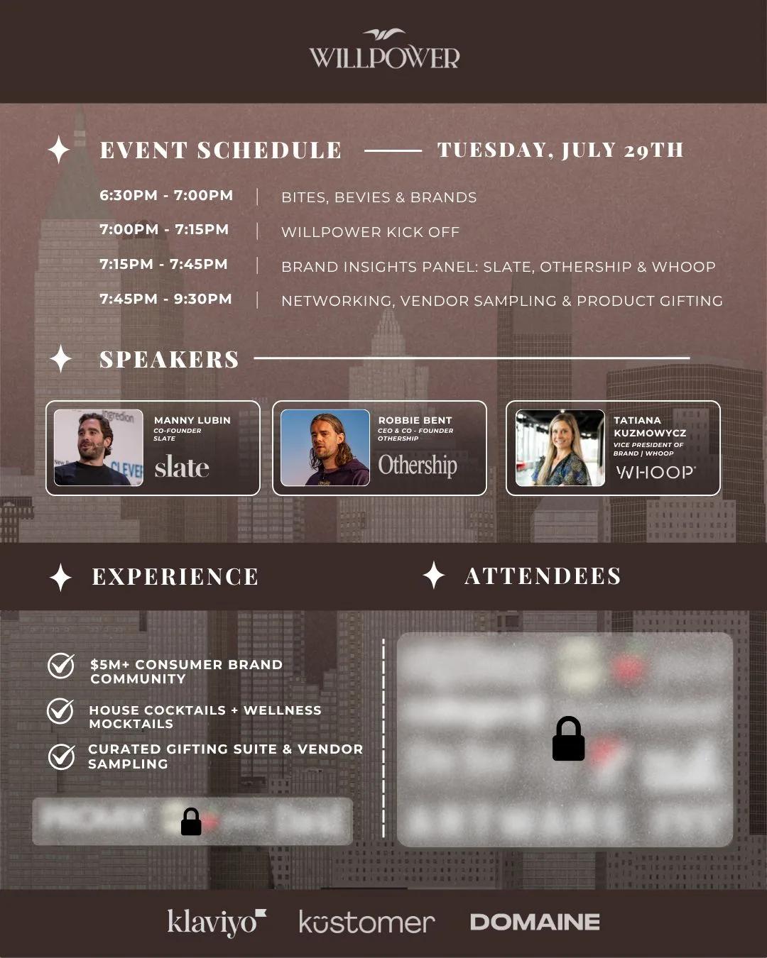 Image has event event schedule and speakers for a networking session with people who work in consumer packaged goods