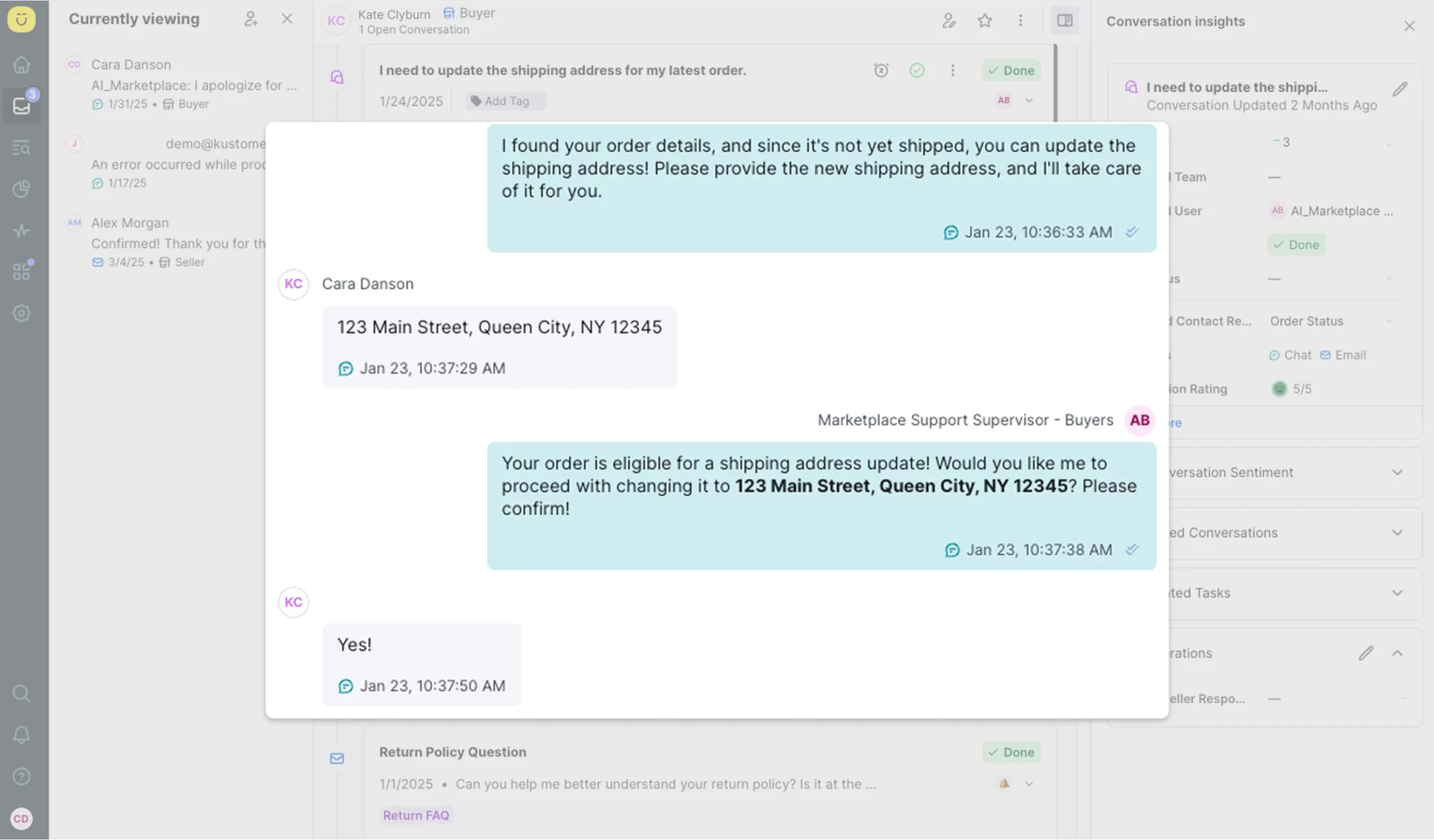 Screenshot of a customer service chat using Kustomer software