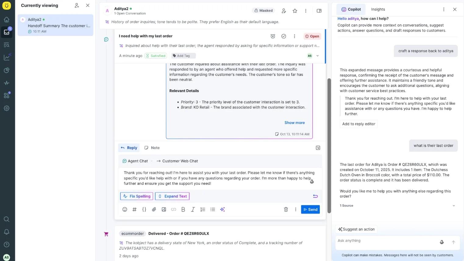Screenshot of the Kustomer Timeline with a copilot window helping the agent craft a message back about an order for a dutch oven