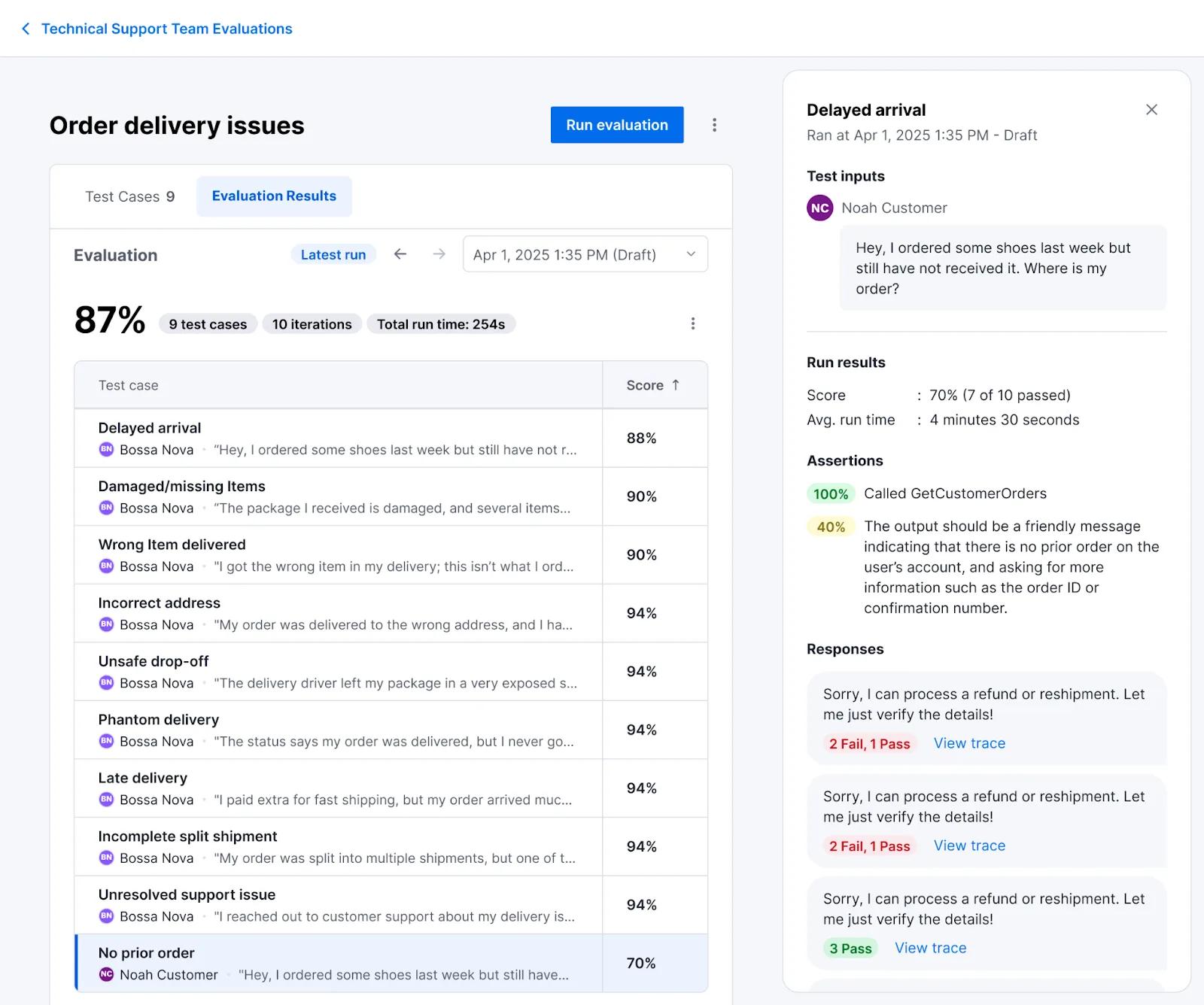 Screenshot of an evaluation dashboard for testing AI Agents on “Order delivery issues.” The page displays test cases, evaluation scores, and a panel with a sample support ticket about a delayed order, test inputs, assertions, and responses.