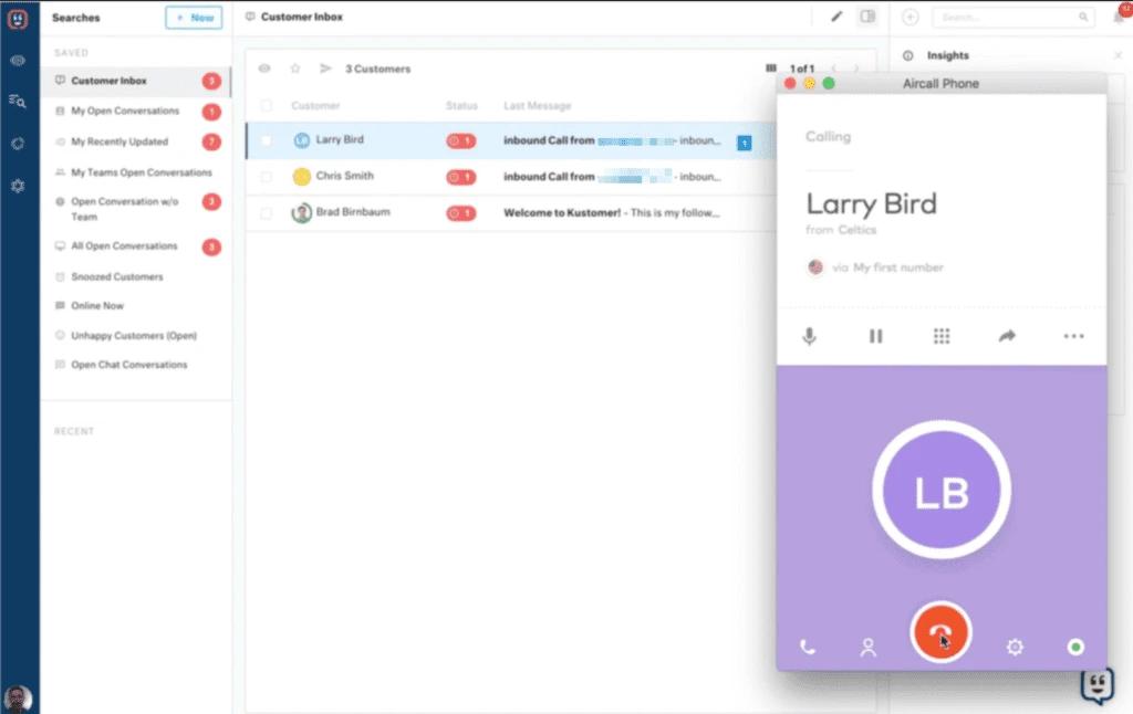 Aircall widget in Kustomer platform