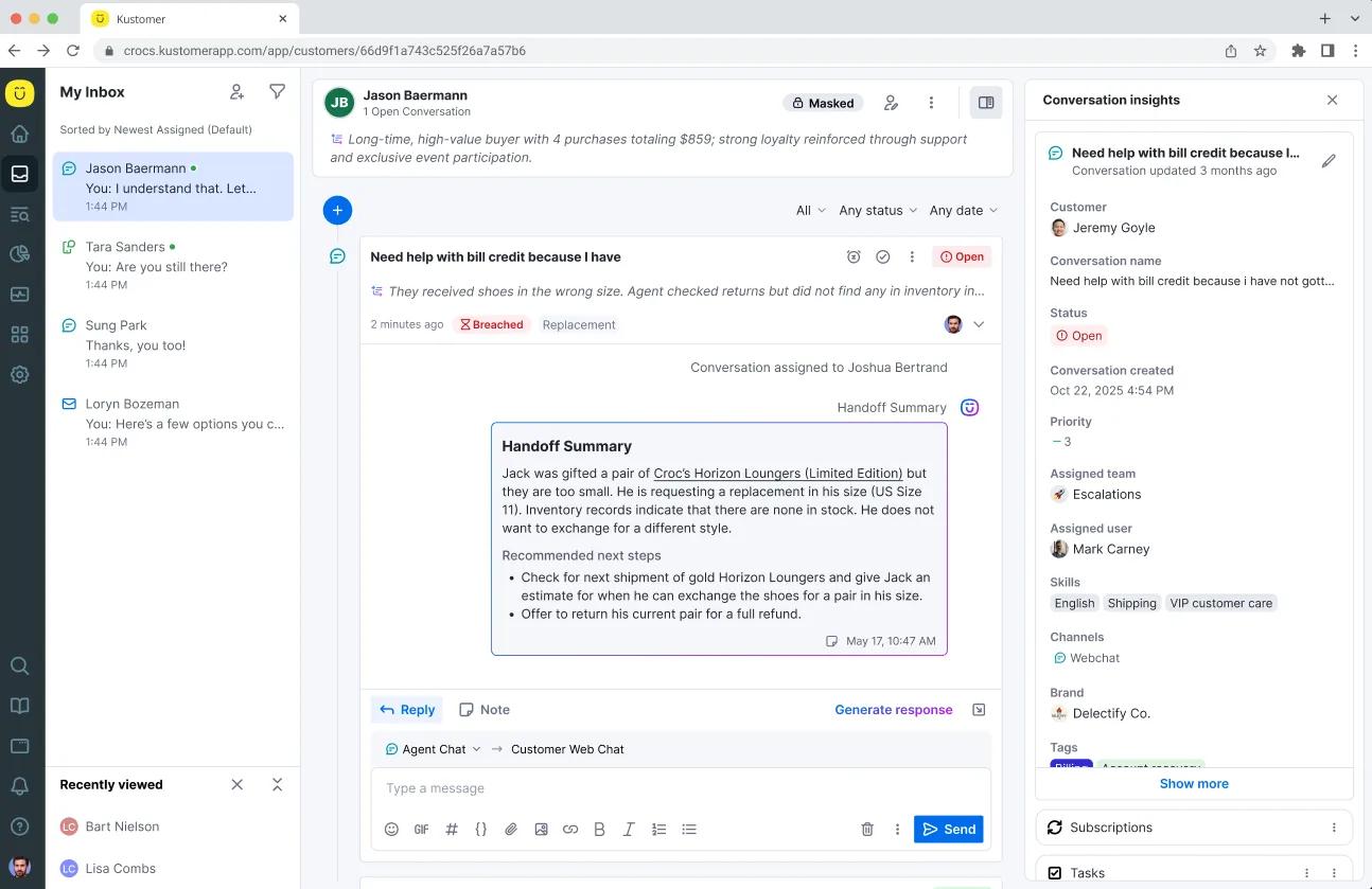 Screenshot of the Kustomer software inside the Kustomer timeline with a conversation about a bill credit