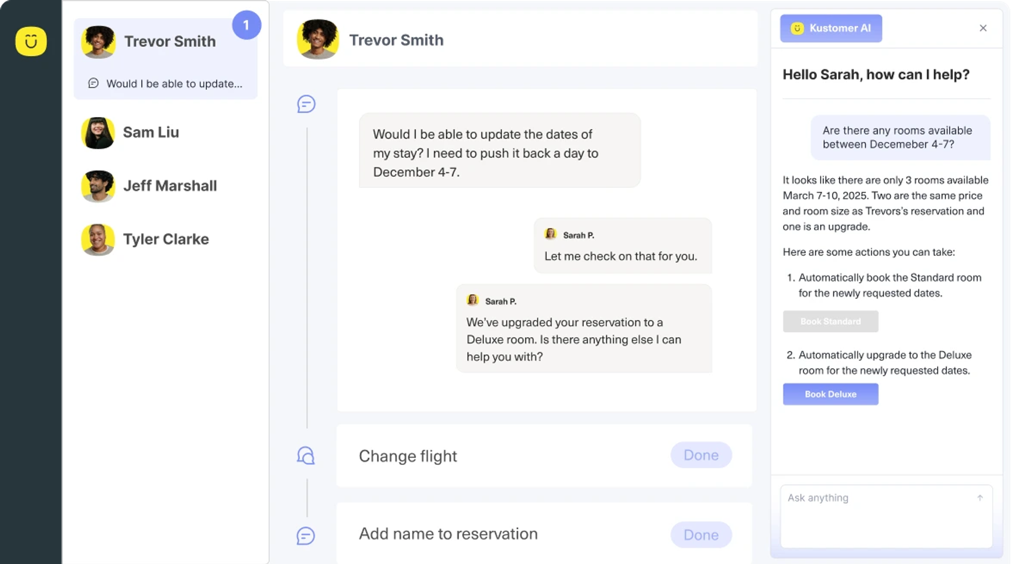 A customer service chat interface shows Trevor Smith requesting a date change for his stay. Sarah, the agent, confirms the update and offers further help. Sidebar shows other customers, and a help panel explains how to request changes.