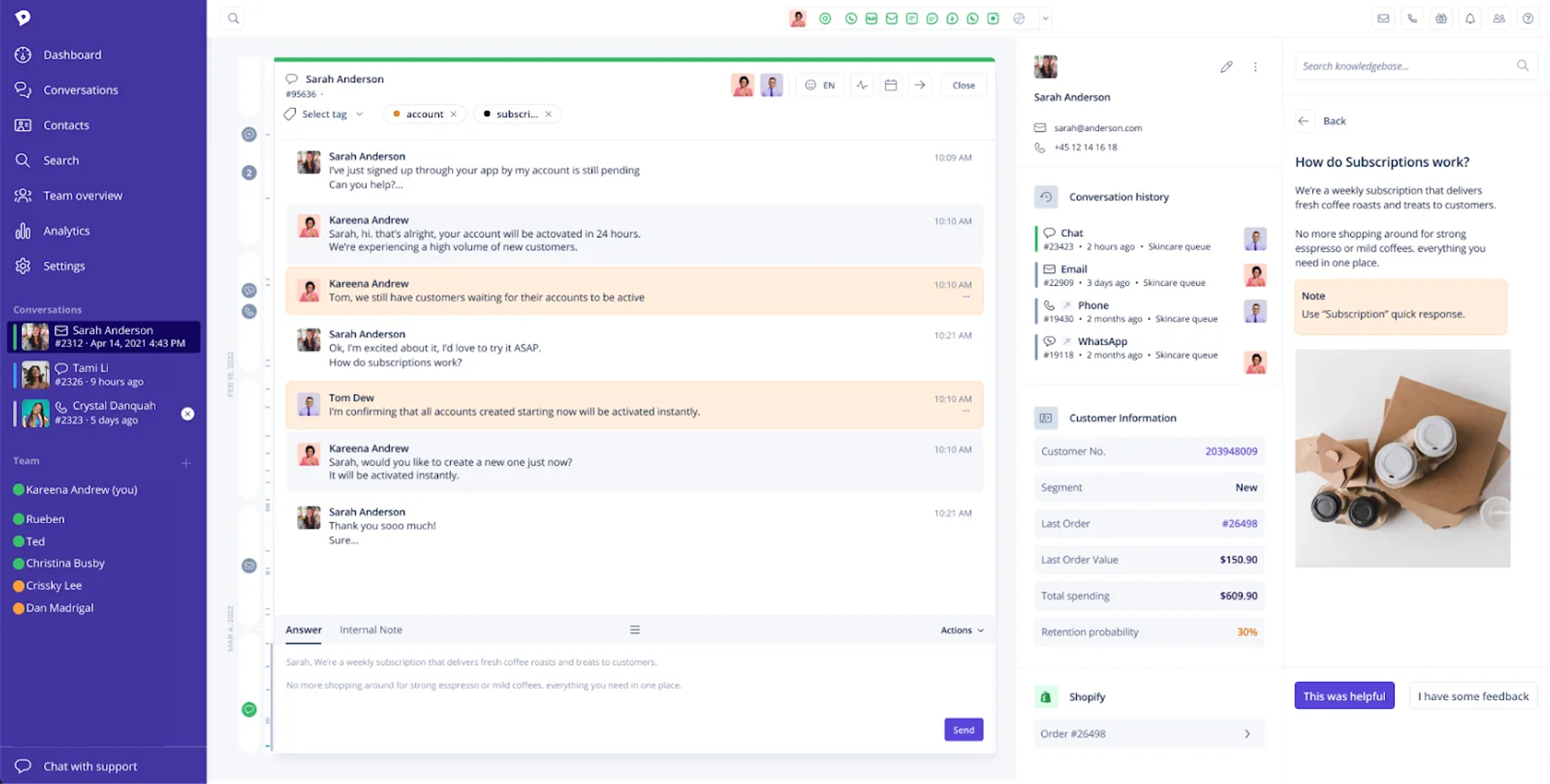 A customer support dashboard shows a chat conversation between an agent and a customer. The interface, inspired by Block Editor layouts, displays user details and conversation history, with GAETANO’s blog newsletter featured on the right panel.