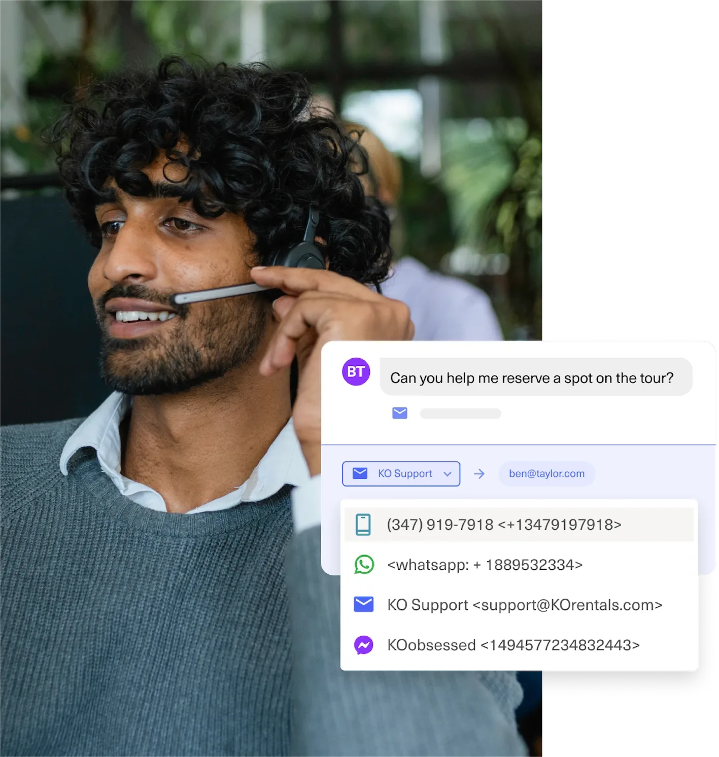 A man with curly hair and a headset smiles while speaking. Beside him is a chat interface showing a customer asking to reserve a tour, plus contact options and updates through Newsletter, phone, WhatsApp, email, and support.