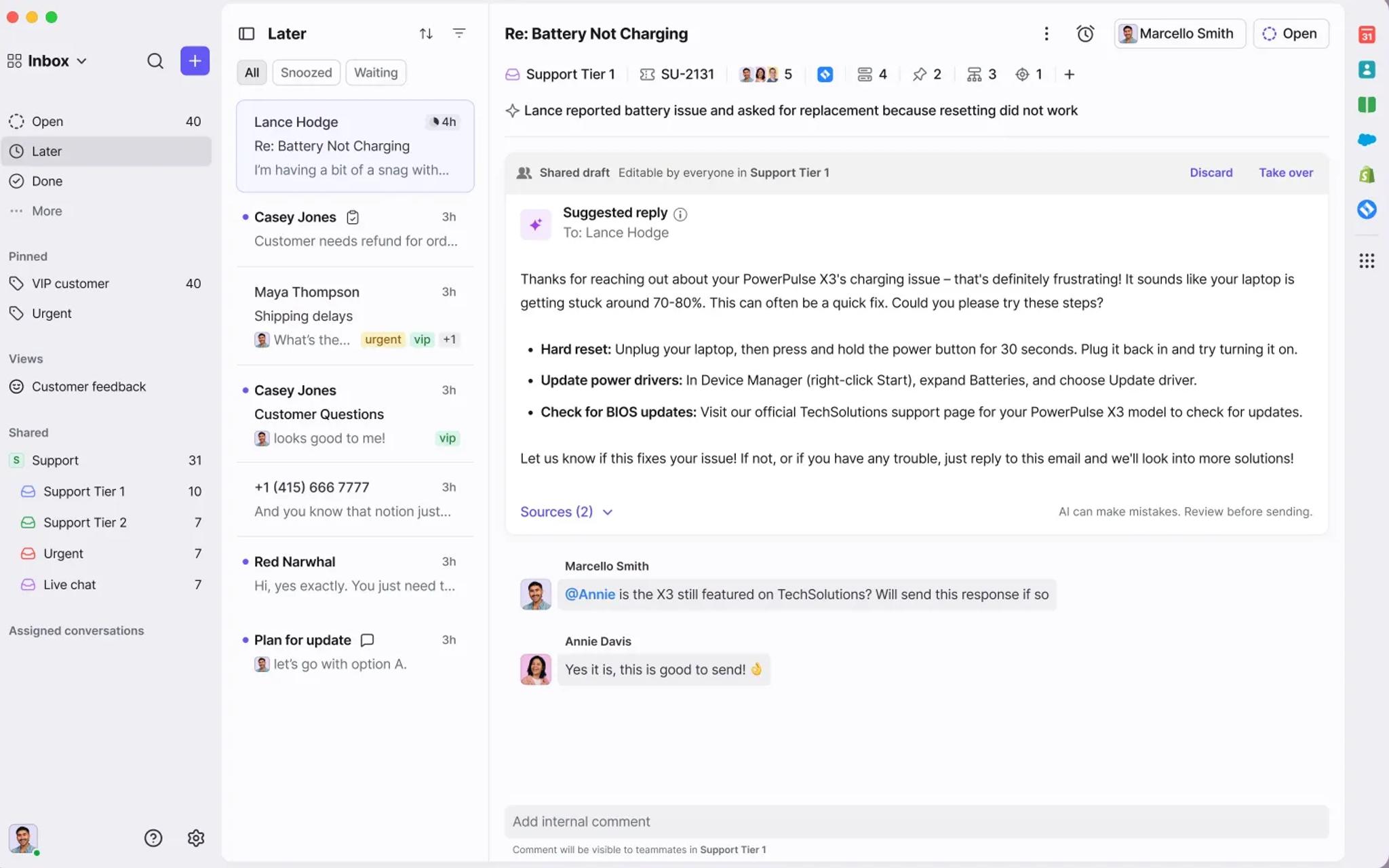 A customer support interface shows an email about a PowerWax PS-12 battery not charging, including troubleshooting steps, suggested replies, sources, and team comments in a collaborative workspace—much like collaboration in a blog or newsletter block editor.