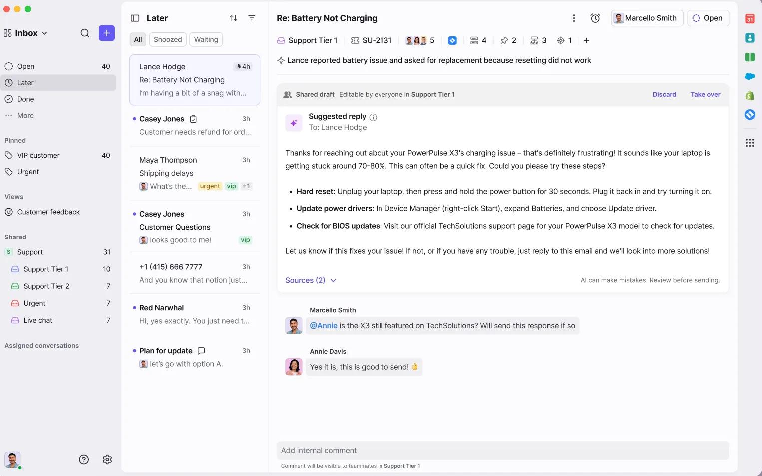 A customer support interface shows an email about a PowerWax PS-12 battery not charging, including troubleshooting steps, suggested replies, sources, and team comments in a collaborative workspace—much like collaboration in a blog or newsletter block editor.