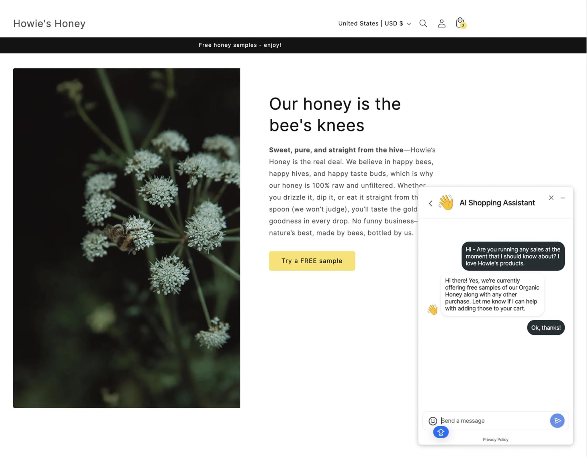 Image of a customer support chat with an AI shopping assistant on a website called Howie's Honey