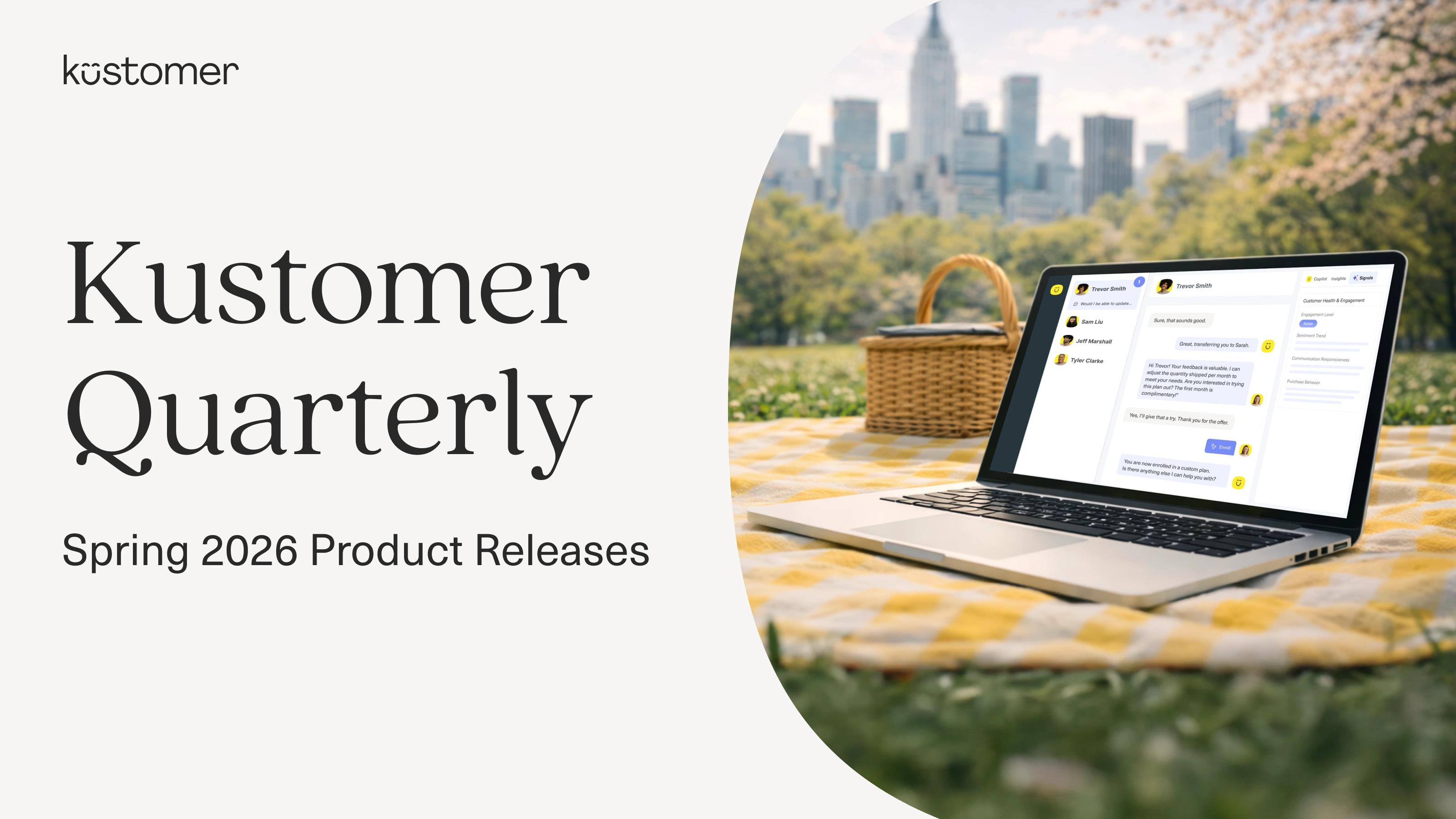 A laptop on a picnic blanket in a park with a city skyline in the background showcases “Kustomer Quarterly, Spring 2026 Product Releases.” A picnic basket and details about the Kustomer AI demo are featured beside the laptop.