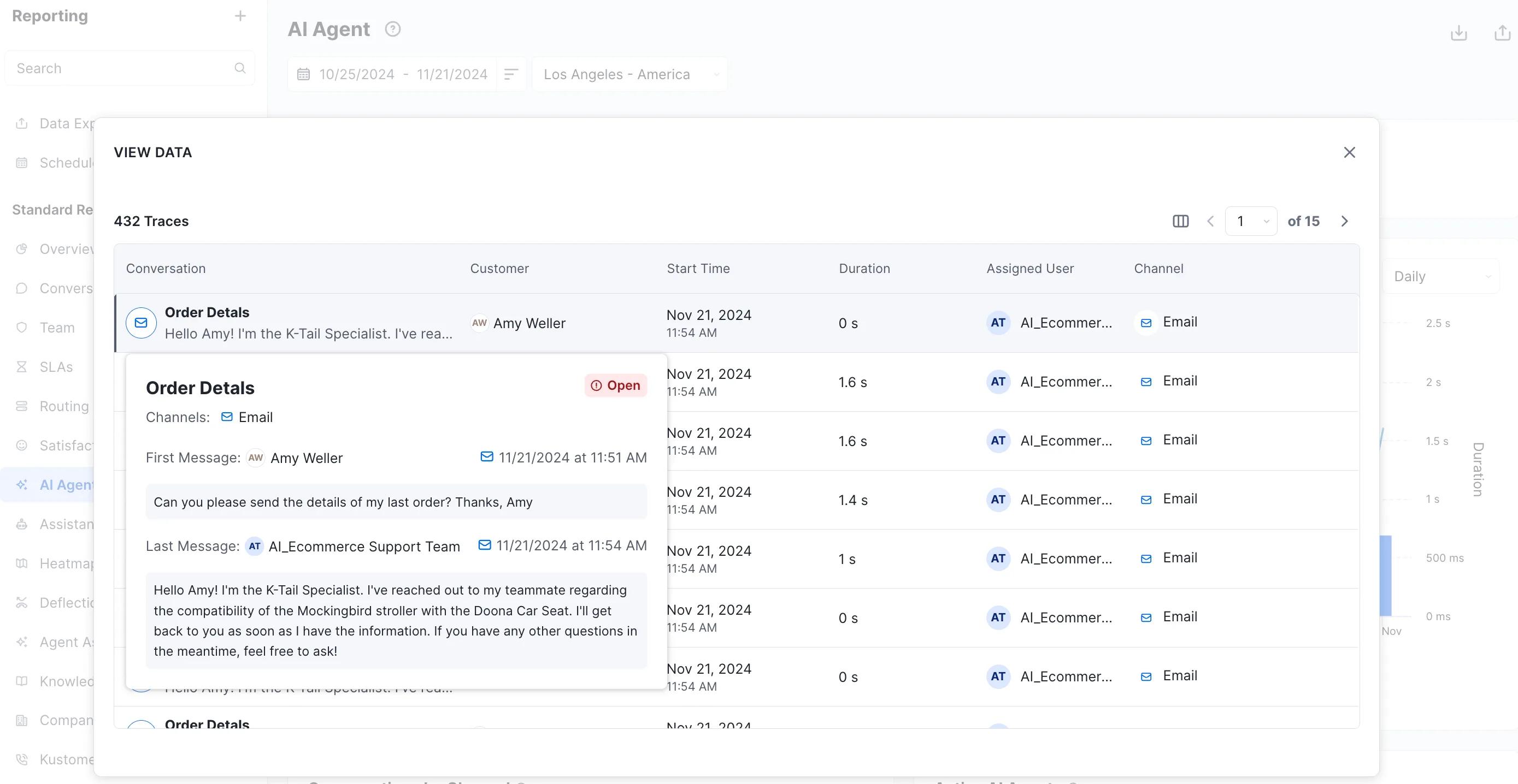 Screenshot of the Kustomer UI showing data visibility within an AI Agent