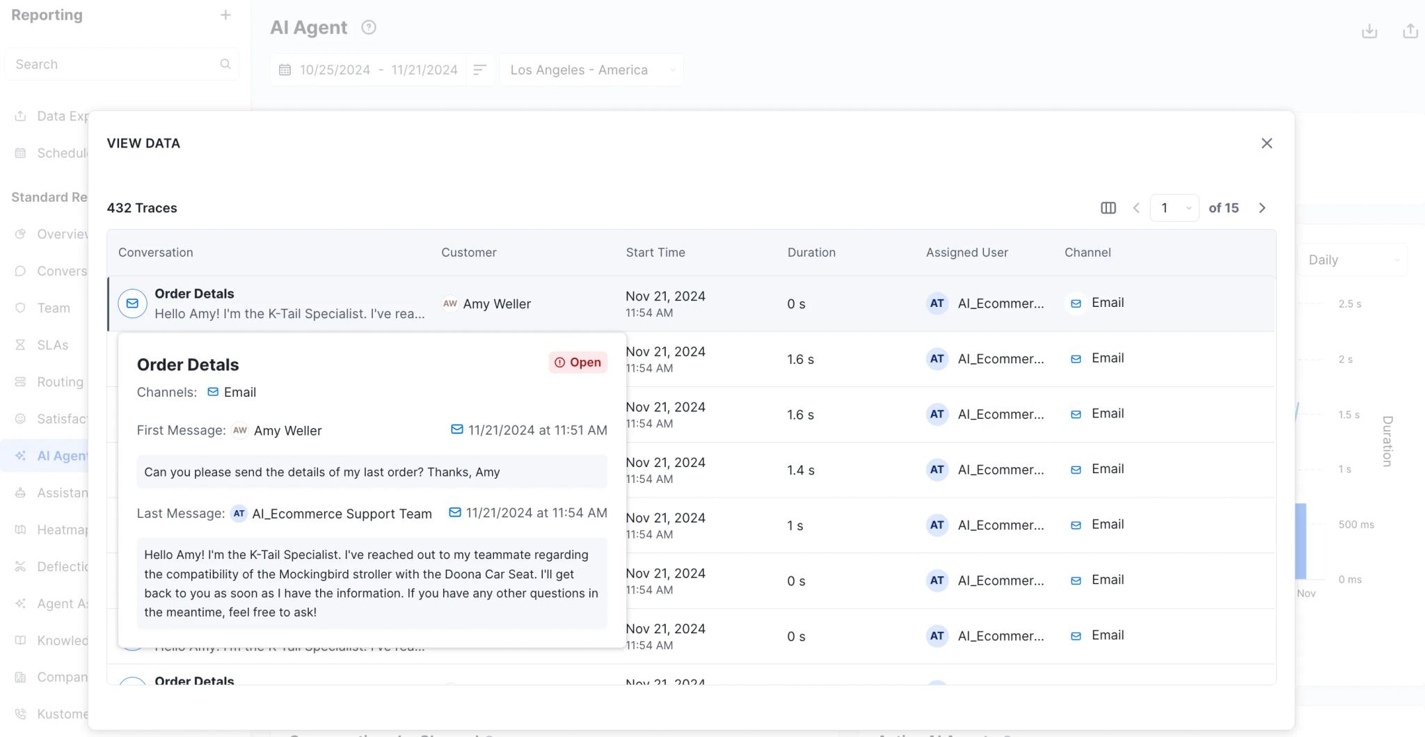 Screenshot of the Kustomer UI showing data visibility within an AI Agent