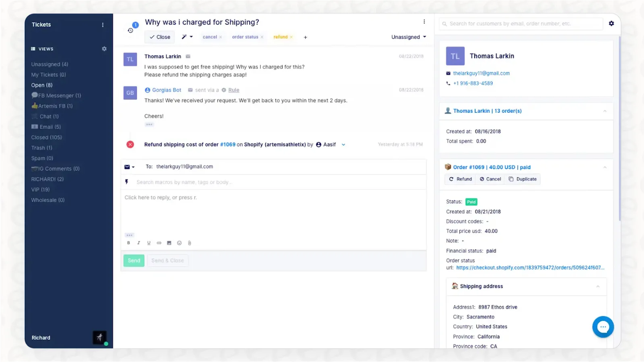 A customer service dashboard shows an email conversation about a shipping charge, with details like customer info, order number, shipping address, and reply options visible—much like features in a Newsletter or Blog block editor.