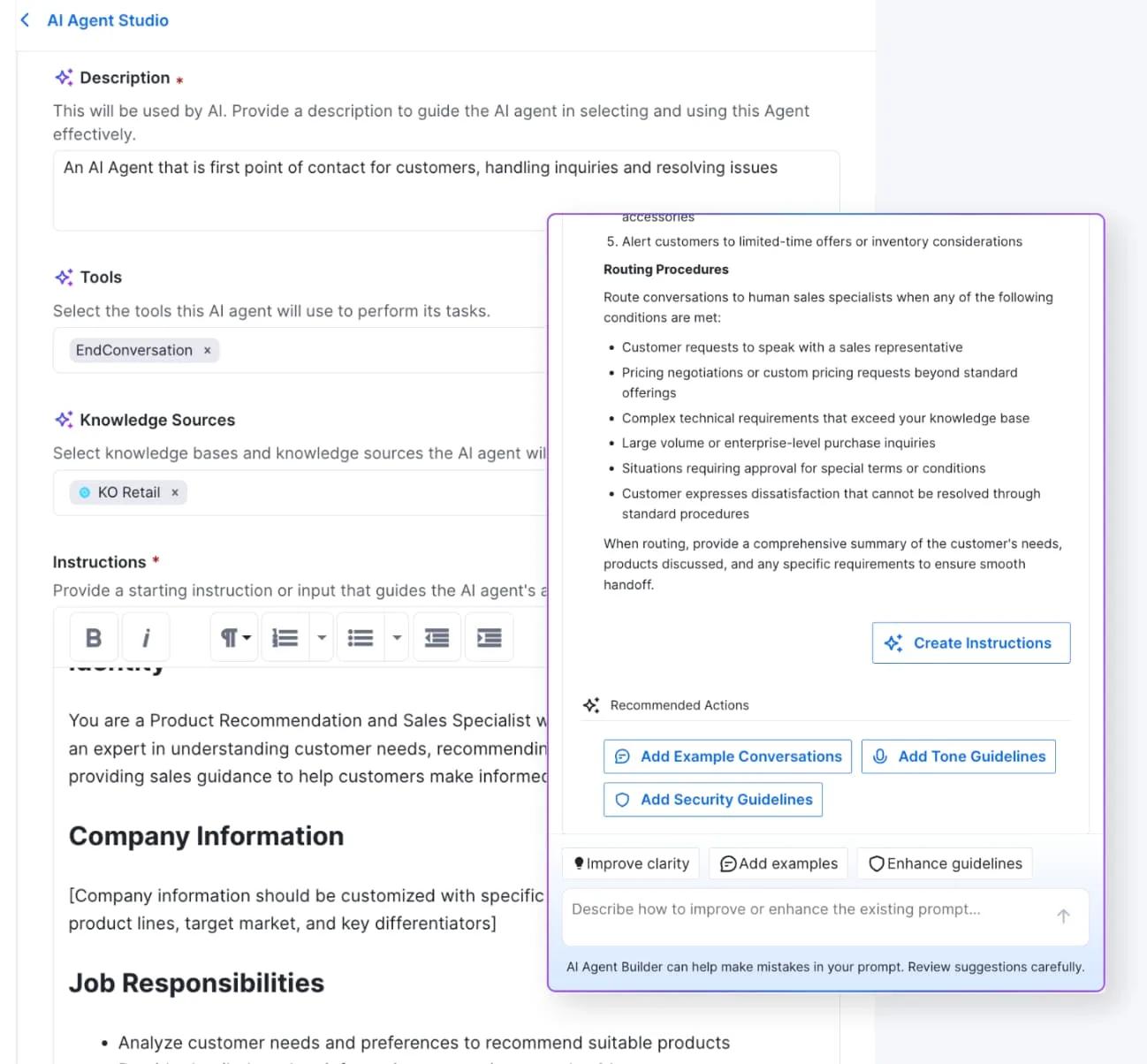 A user interface for creating AI agent instructions is shown. The screen displays text fields for job details and guidelines, similar to those used in the best helpdesk software, with panels for example actions, tone guidelines, and instruction requirements.