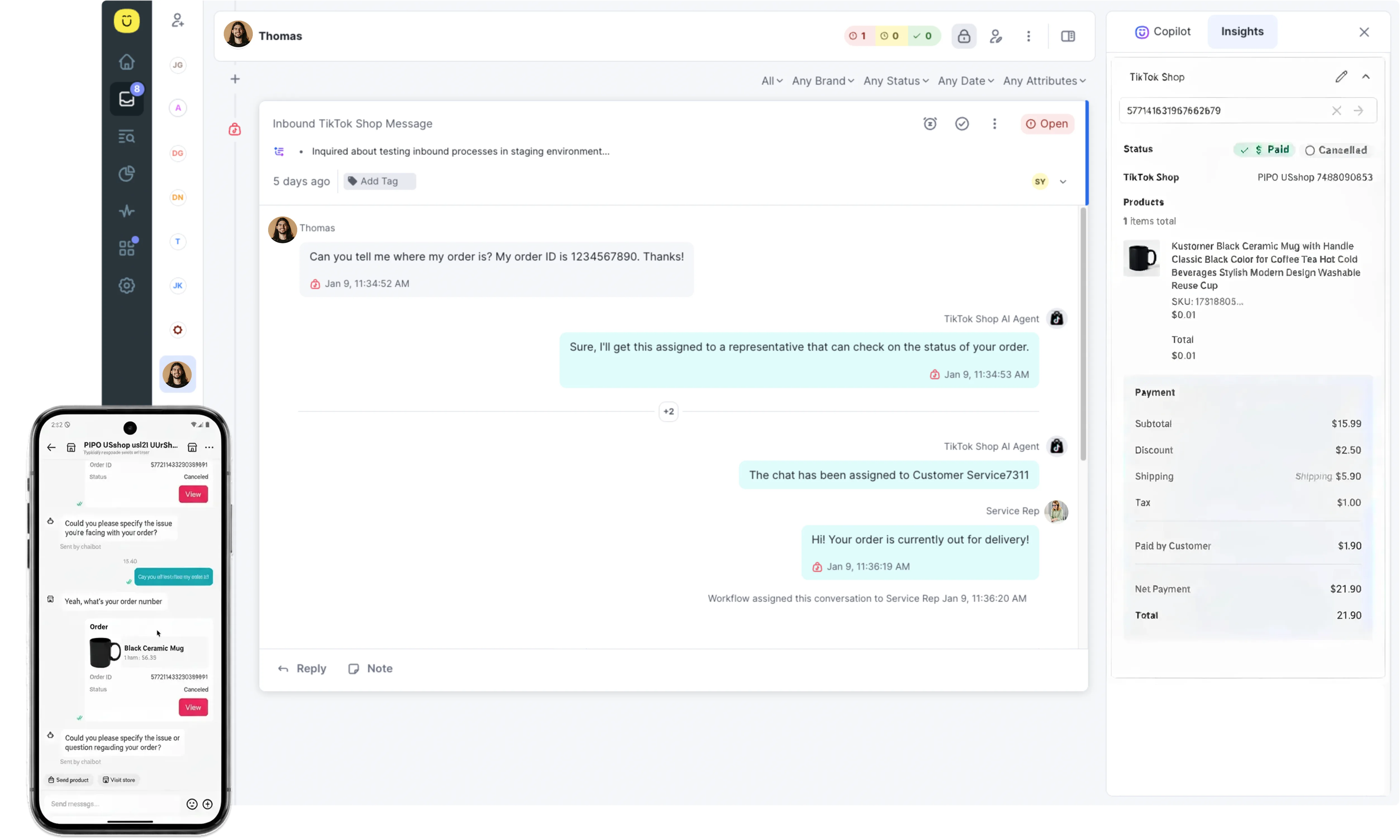 Screenshot of the Kustomer software with a smartphone showing the customer service messages in TikTok Shop asking where an order is.