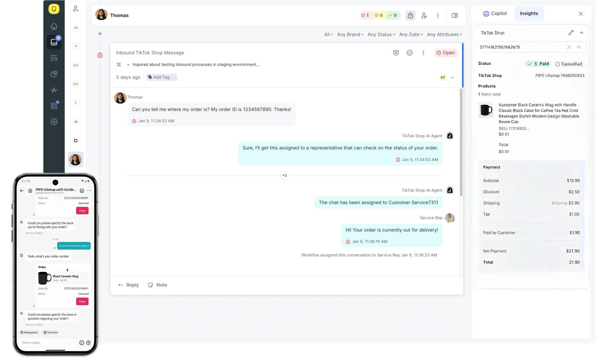 Screenshot of the Kustomer software with a smartphone showing the customer service messages in TikTok Shop asking where an order is.