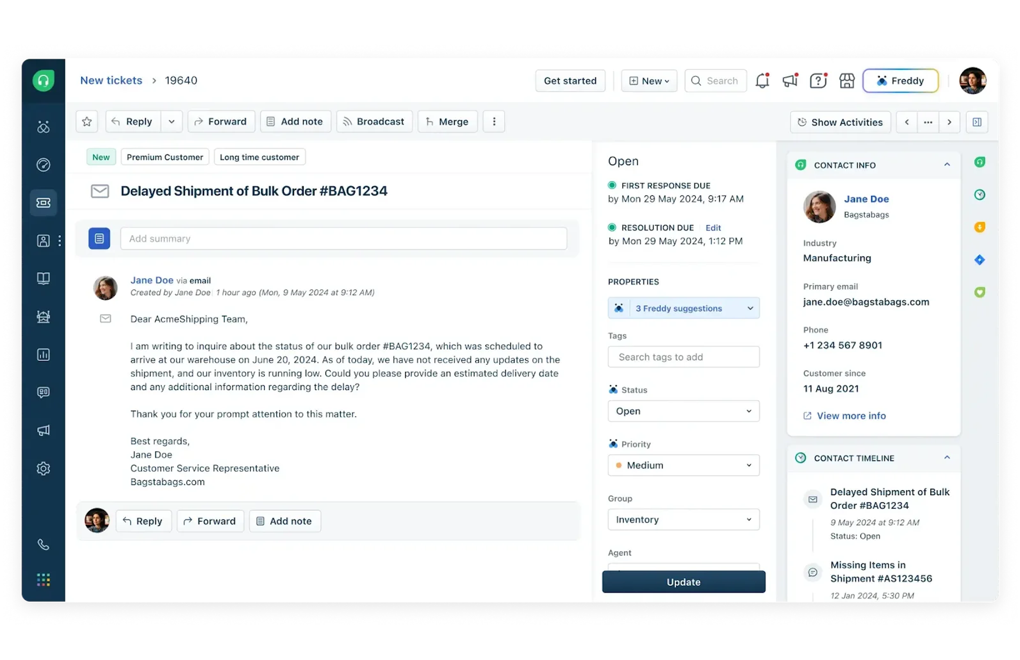A customer support dashboard displays an email about a delayed shipment, with ticket details, customer info, status, priority, and activity history visible on the right side—ideal for managing Blog or Newsletter inquiries efficiently.