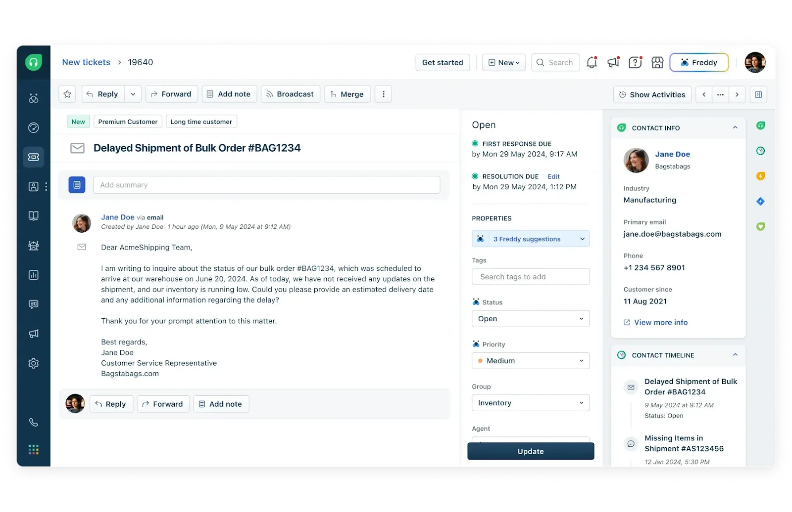 A customer support dashboard displays an email about a delayed shipment, with ticket details, customer info, status, priority, and activity history visible on the right side—ideal for managing Blog or Newsletter inquiries efficiently.