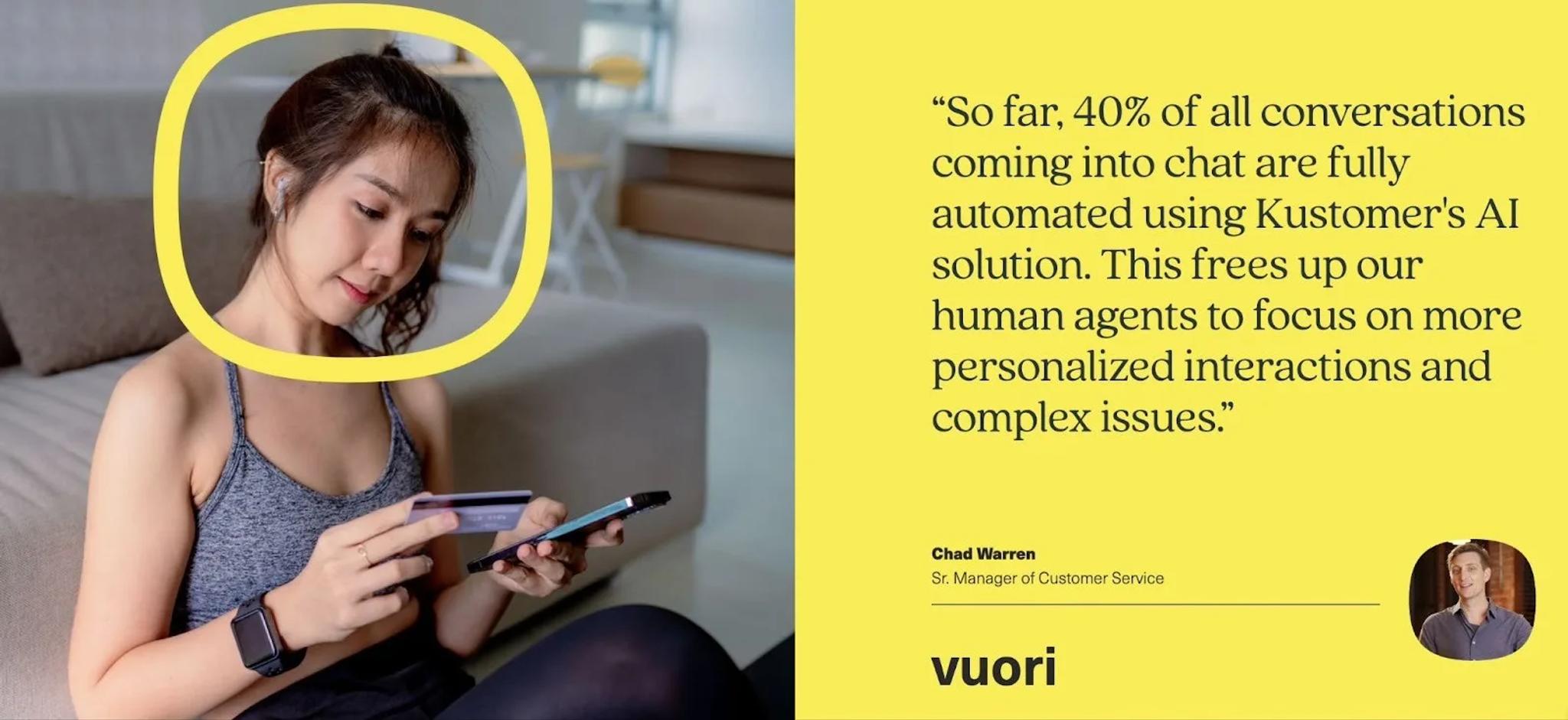 A woman sits on the floor, holding a credit card and a smartphone. Next to her is a quote about AI chat automation in customer service by Chad Warren of Vuori, featured like a Blog highlight, with his photo below the text.