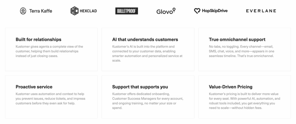 A grid layout highlights company logos at the top, with six text boxes below describing features like relationships, AI customer data, omnichannel support, proactive service, onboarding support, and value-driven pricing—ideal for exploring Intercom alternatives.