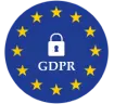A blue circle with yellow stars forming a ring, a white padlock icon, and the text GDPR in the center, representing the General Data Protection Regulation of the European Union.