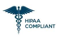 Dark blue caduceus medical symbol next to the words HIPAA Compliant on a white background, representing adherence to HIPAA health information privacy standards.