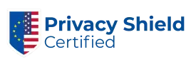 A logo with a blue shield featuring the EU stars and US flag stripes, next to the text Privacy Shield Certified in blue.