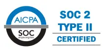 A circular AICPA SOC logo is shown on the left, and the text SOC 2 TYPE II CERTIFIED appears in blue on the right.