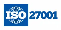 ISO 27001 logo with a blue globe in a square and ISO 27001 written in bold blue text, representing information security management standards.