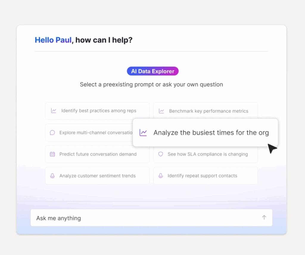 A digital interface greets user Paul, offering an AI Data Explorer tool for enterprise help desk insights. One option, Analyze the busiest times for the org, is highlighted with a tooltip. A text input box waits at the bottom.