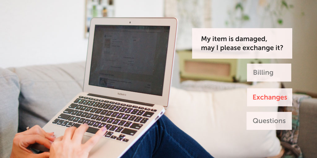 A person sits on a couch using a laptop. On the screen, a message reads, My item is damaged, may I please exchange it? with menu options for Billing, Exchanges (highlighted), and Questions—showcasing AI Success in Customer Service.