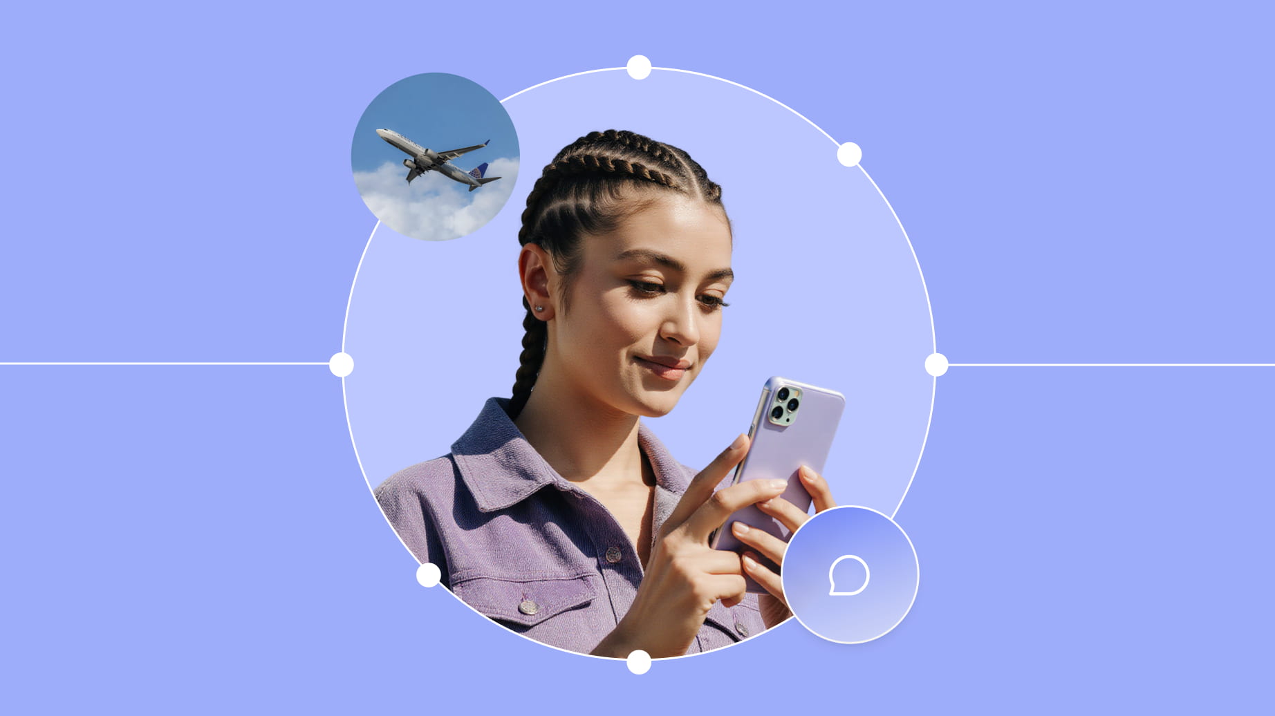 Image of a woman on her cell phone with another image of a plane representing a CRM in travel
