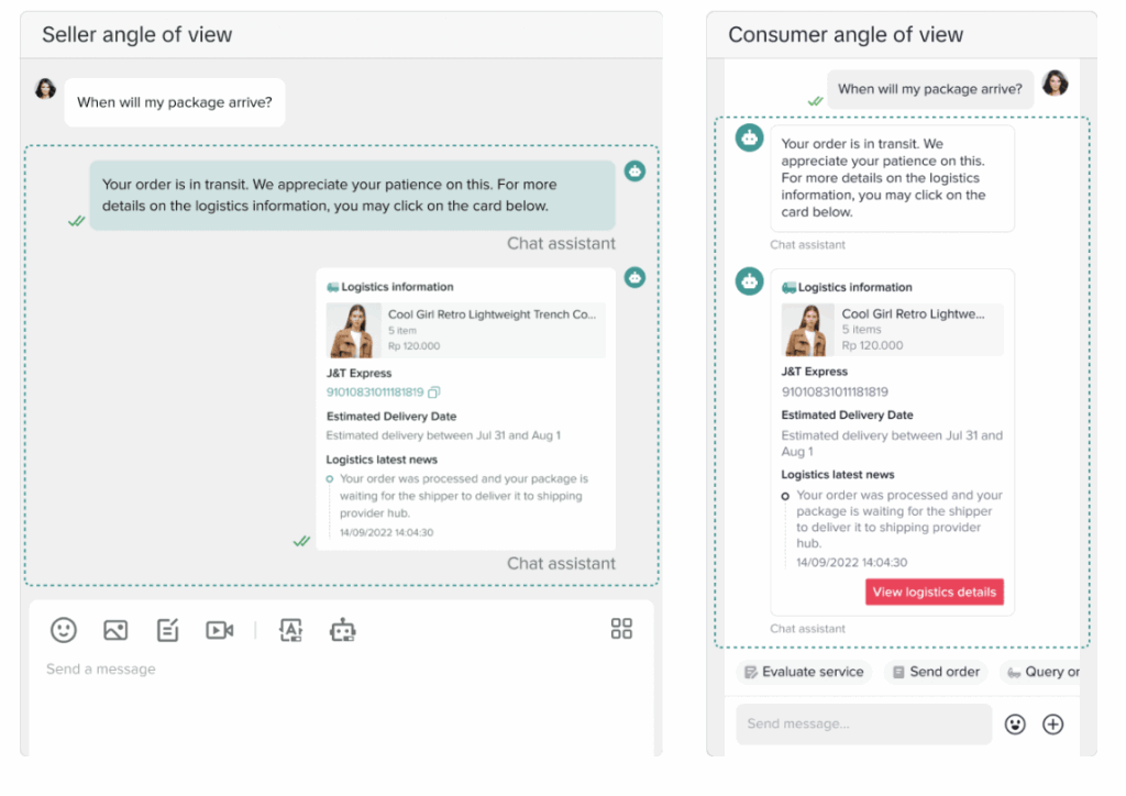 Two screenshots compare service interactions from a seller’s and a consumer’s view of a chat about package delivery. The seller sees a summary message, while the consumer sees detailed order and tracking information in the chat interface.
