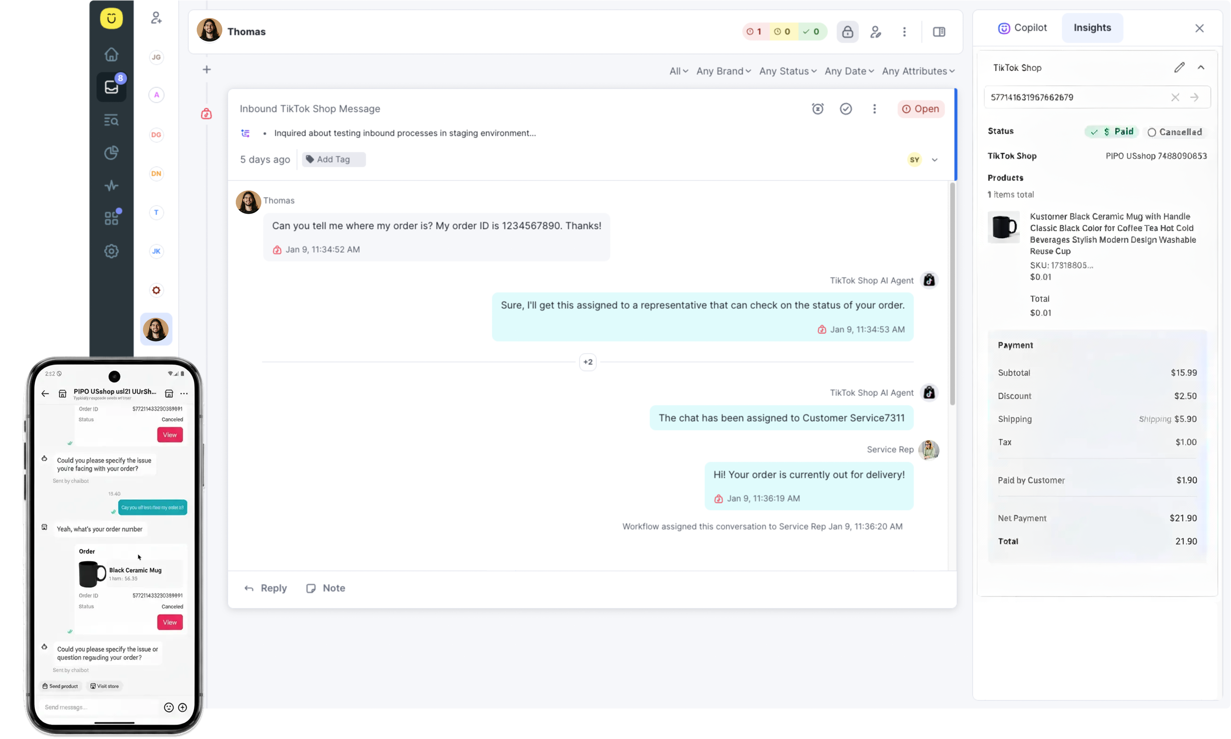 Screenshot of the Kustomer software with a smartphone showing the customer service messages in TikTok Shop asking where an order is.